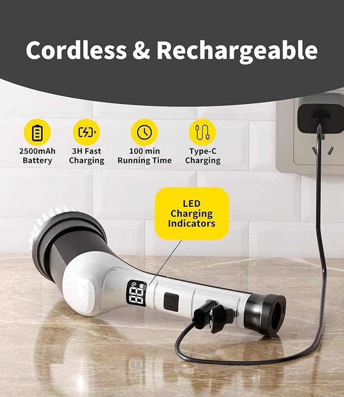 Electric Spin Scrubber, Cordless Household Cleaning Brush with 6 Replaceable Heads, 3 Speeds, LED Display, Lightweight Handheld Power Scrubber for Cleaning Stove/Bowl/Sink/Corner/Tile/Grout-Black