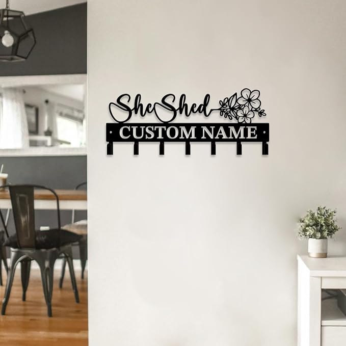Personalized She Shed Metal Keys Hooks,Custom Name Metal She Shed Keys Hooks,Black Metal She Shed Wall Home Storage Decorative Keys Hooks,Key Holder Hooks for Wall (Style E)
