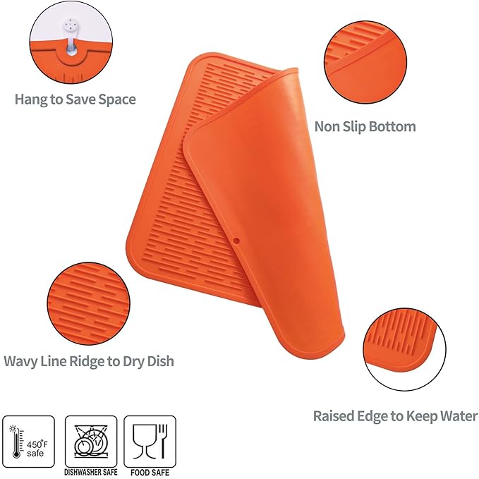 MicoYang Silicone Dish Drying Mat for Multiple Usage,Easy clean,Eco-friendly,Heat-resistant Silicone Mat for Kitchen Counter or Sink,Refrigerator or Drawer Liner Orange 2XL 24 inches x 18 inches