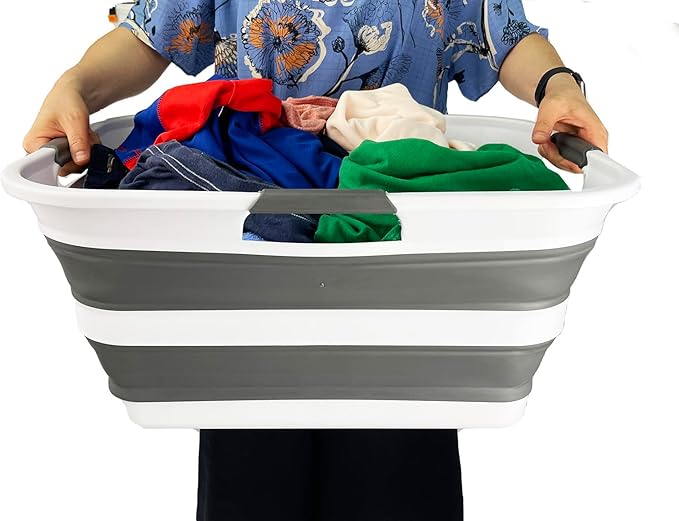 SAMMART Collapsible Plastic Laundry Basket Washing Tub Foldable Pop Up Storage Container-Space Saving/Portable Laundry Hamper. Ideal for Home, Travel, Dorm, and Camping (White/Steel Grey, 42L)