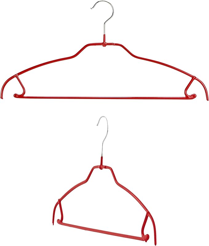 Mawa by Reston Lloyd Silhouette Ultra-Thin Series, Non-Slip Space Saving Shirt Hanger with Pant Bar & Skirt Hooks, Style 42/FTU, Pack of 2, Red