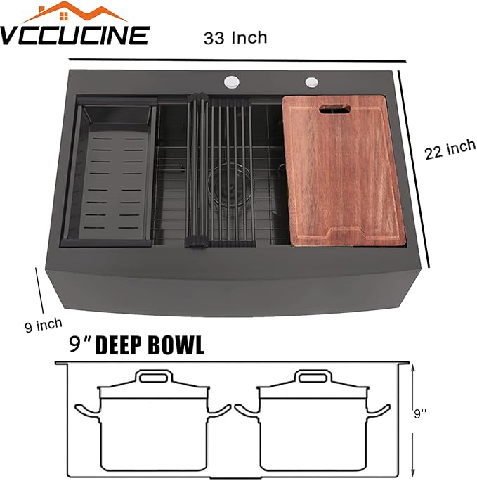 VC CUCINE 33x22 Inch Drop In Gunmetal Black Farmhouse Sink, 16 Gauge Stainless Steel Single Bowl Apron Front Workstation Farm Sink With Accessories