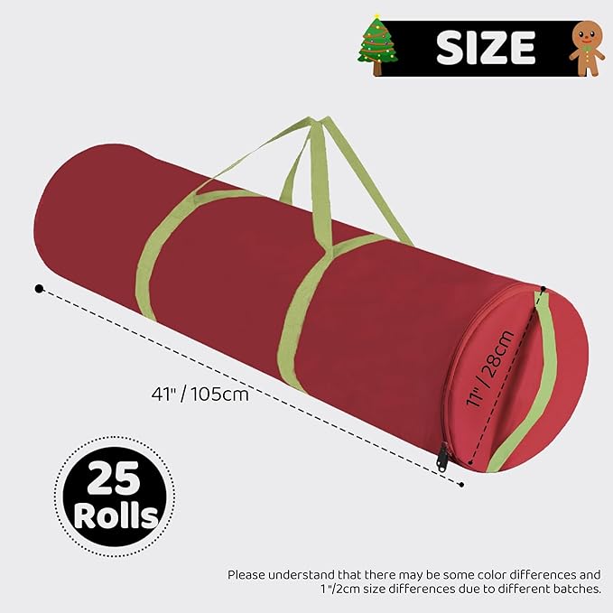 OUTTDID Christmas Wrapping Paper Organizer Storage, 41" Gift Wrapping Paper Storage Containers, 600D Oxford Fabric Gift Wrap Paper Holder Fits 18-25 Rolls, with Handles and Zippered, Red