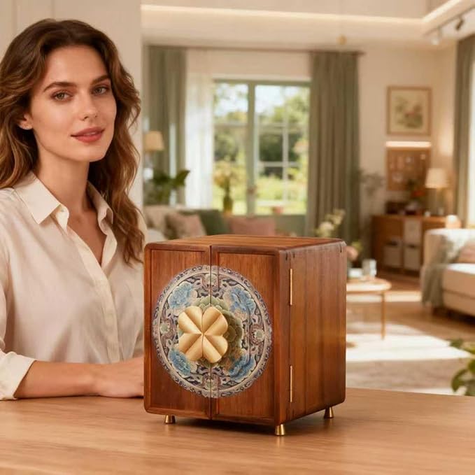 Wooden Jewelry Box for Women Jewelry Box With Drawers Walnut Wood (Walnut Wood with printing A)
