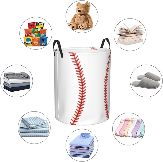 Baseball Laundry Hamper, White with Red Stitching, Collapsible Polyester Storage Basket with Handles, 15.7x19.6 Inches (Baseball)