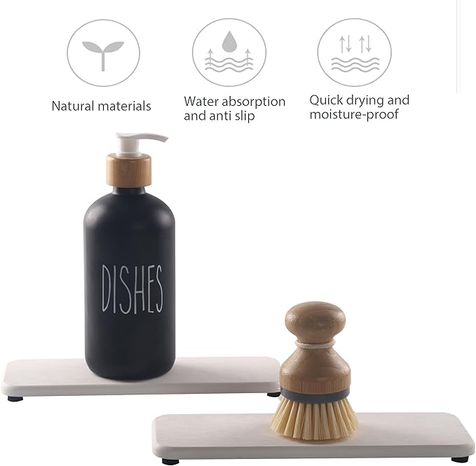 NiuYichee 2 Pcs Water Absorbing Stone Trays, Kitchen/Bathroom Sink Soap Dish, Diatomite Tray Used for Hand Soap & Cosmetic Bottles in The Modern Home, 3.54" W x 9" L, White