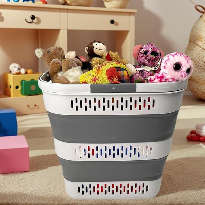 SAMMART 38L(10 Gal) Collapsible Laundry Basket - Foldable Pop-Up Storage Container/Organizer-Portable Space Saving Hamper, Measure 17.5x13.3x15.7"/3.8" Expanded/Collapsed (2, Grey)