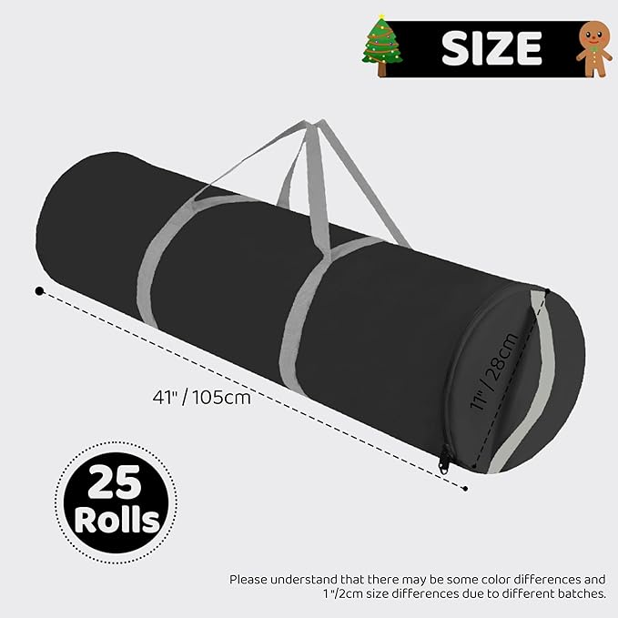 OUTTDID Christmas Wrapping Paper Organizer Storage, 41" Gift Wrapping Paper Storage Containers, 600D Oxford Fabric Gift Wrap Paper Holder Fits 18-25 Rolls, with Handles and Zippered, Black