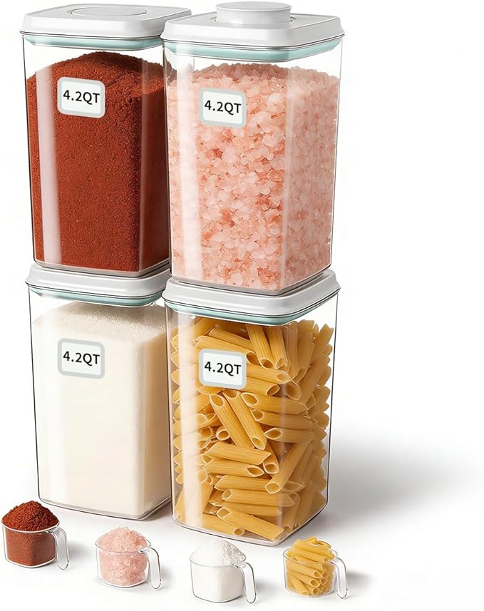 EQI Airtight Food Storage Containers Set with One-Touch Lid, 4-Pack (4.22 QT / 4.0 L) Best Value Stackable Durable PET for Complete Kitchen Pantry Organization
