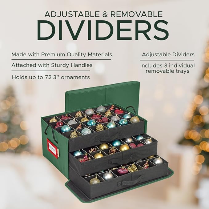 HOLDN’ STORAGE Christmas Ornament Storage Box with Dividers, Holds 72 Ornaments (3 Inch), Large Ball Storage Container with 3 Removable Trays, Durable and Portable - Green