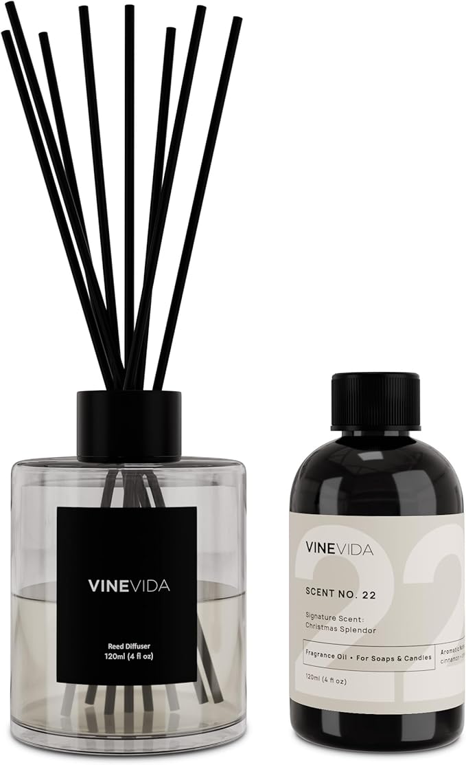 VINEVIDA Scent NO. 22 Reed Diffuser - 120mL (4oz) - Signature Scent: Christmas Splendor, Reed Diffusers for Home, Office, Bathroom, Made in USA Scent Diffuser Sticks, Room Fragrance Diffuser