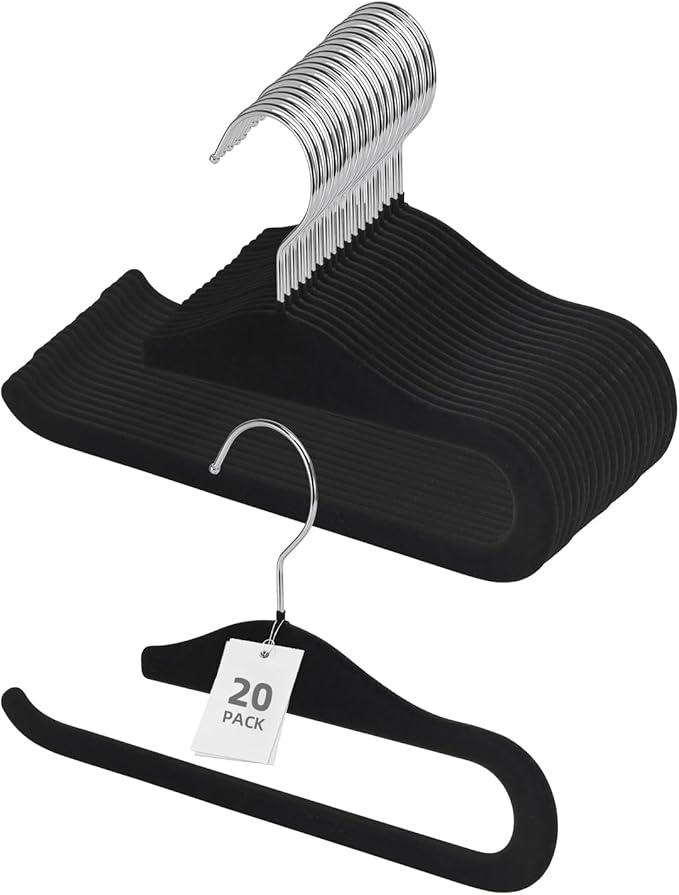 Velvet Pants Hangers, 20 Pack Non-Slip Open Ended Hangers with 360° Swivel Hook Slim Space Saving Jeans Hangers for Pants, Scarves, Ties, Towels, Black