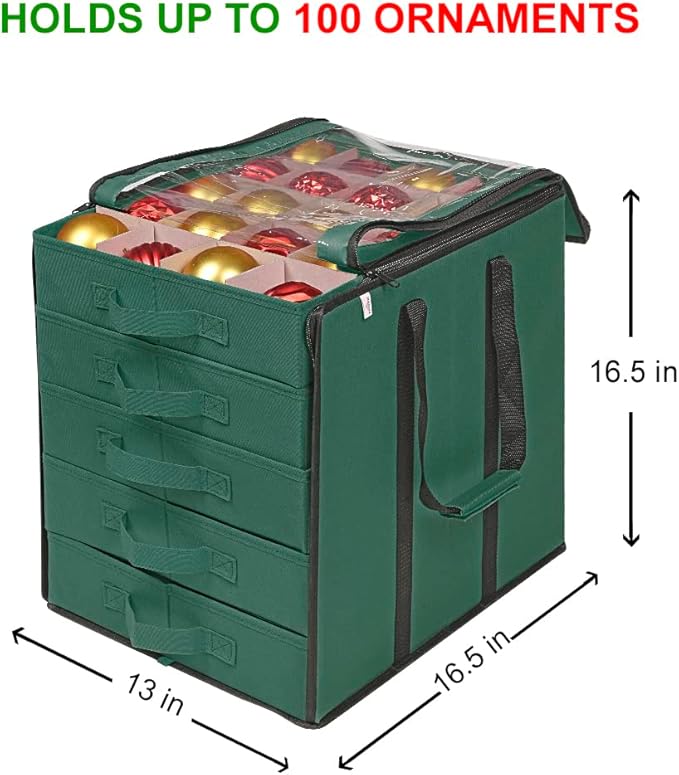 ProPik Christmas Ornament Storage Boxes with Dividers - 5 Separate Trays - Ornament Holder - Keeps 100 Holiday Ornaments - Durable Carrying Bag Handles Organizer Storage Box (Green)