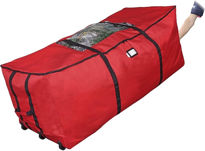 ProPik Rolling Christmas Tree Storage Bag, Fits Up to 9 Foot Tall Disassembled Trees, 25" X 25" X 60", Extra Large Heavy Duty Xmas Container with Wheels, Handles and Straps (Red)