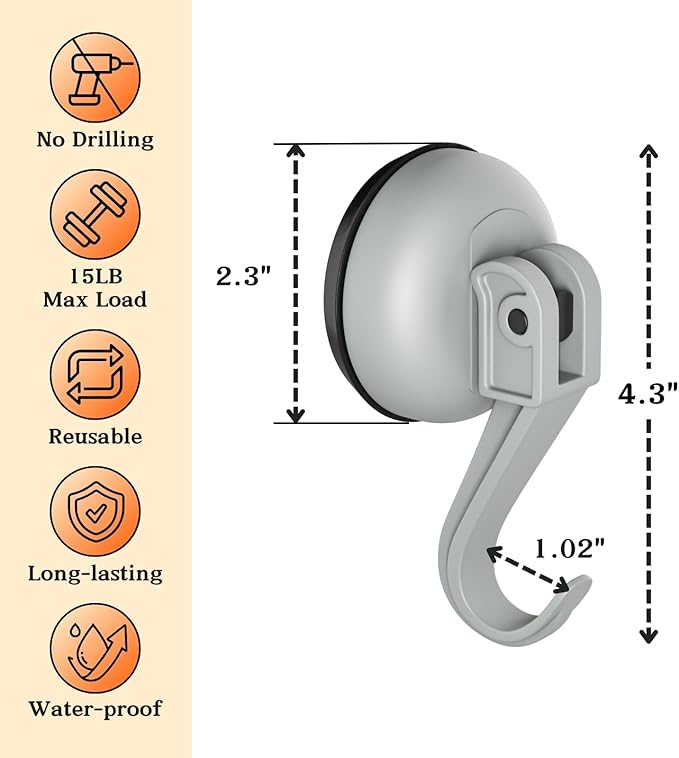Suction Cup Hooks for Door Wreaths, 2 Pcs Removable & Reusable Christmas Wreath Hangers for Front Doors, No Drill Heavy Duty Vacuum Shower Hooks for Windows, Bathroom Towels, Kitchen, RV(Gray)