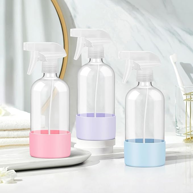 Rionisor Glass Spray Bottles with Silicone Sleeve Protection, Empty 16 oz Refillable Containers, Reusable Spray Bottles with Adjustable Nozzle for Hair, Cleaning Solutions, 3 Pack Pink&Blue&Purple