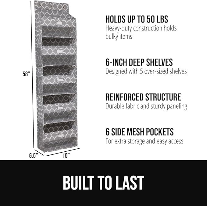 GORILLA GRIP Large Capacity Closet Organizer, 5 Deep Shelves, Holds 50lbs, Over the Door Organizers 6 Mesh Pockets, Shelf Storage for Clothes Crafts Essentials, 3 Metal Hooks, 58x15 Inches, Quatrefoil