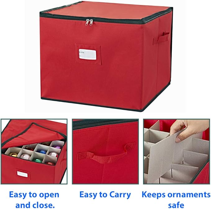 ProPik Large Christmas Ornament Storage Box, Organizer Holds Up to 75 Xmas Ornaments Balls, Holiday Decorations Accessories Storage Container with Dividers, Durable 600D Oxford (Red)