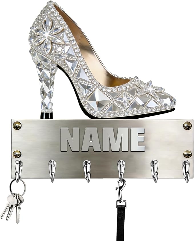Personalized Wooden 2D Flat Print High-Heeled Shoe Wall Mounted Hook for Women Girl Family Friends Custom Name Key Storage Holder High-Heeled Shoe Coat Rack Home Dexor Gift for Living Room Hallway