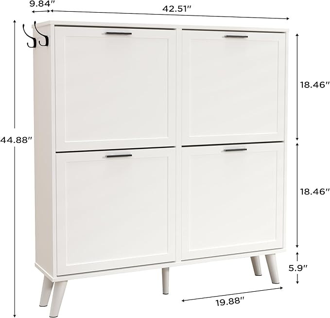 White Large Shoe Cabinet fit up to Shoe Size 16, Freestanding Shoe Organizer with 4 Flip Drawers, Narrow Wooden Shoe Rack for Entryway, Closet, Living Room