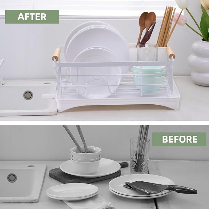 AppleTofu Dish Drainer Rack - Plate, Cutlery, Pots, and Pans Drying Rack for Kitchen with Beechwood Handles - Modern Retro Design Drip Tray with Metal Rack - White