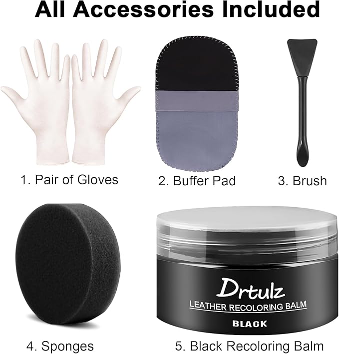 drtulz Black Leather Recoloring Balm, Leather Color Restorer Conditioner, Leather Repair Kits for Vinyl Furniture, Sofa, Car Seats, Shoes - Repair Leather Color on Faded & Scratched Leather Couches