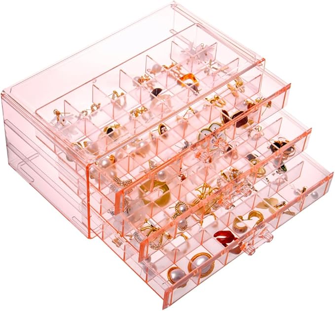 Earring Storage Box Organizer 3 Drawers Acrylic Jewelry Storage Box Holder Transparent Jewelry Display Stand with 72 Small Compartments Gift for Women Girls (Clear Pink)