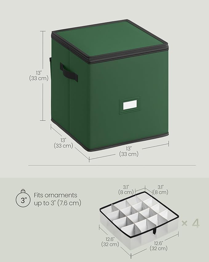 SONGMICS Christmas Ornament Storage Box, Dual Zippers, Stackable Christmas Storage Container with Lid, 4 Trays, 600D Oxford, 3-Inch 64 Slots, Forest Green URFB034C01