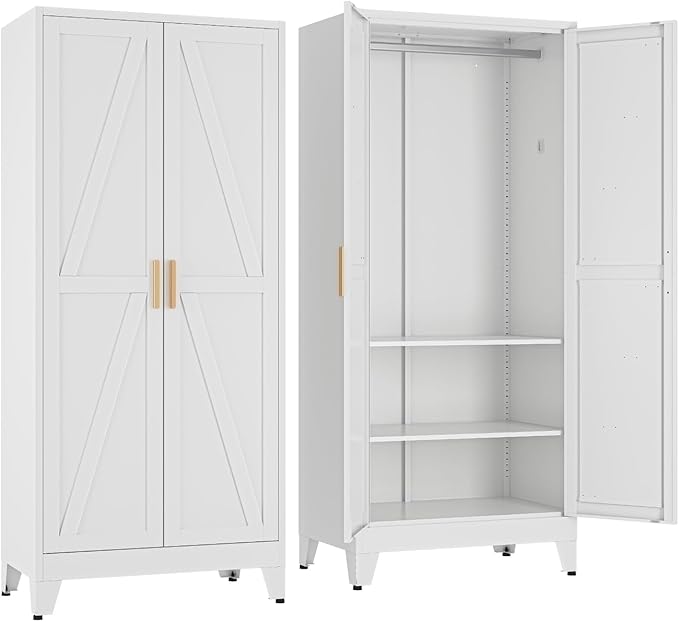 COFaR 71'' Metal Wardrobe Closet, Bedroom Armoire Cabinet with Adjustable Hanging Rod and Shelves, 2 Doors Farmhouse Closet Storage for Garage Laundry, White Roperos para Guardar Ropa