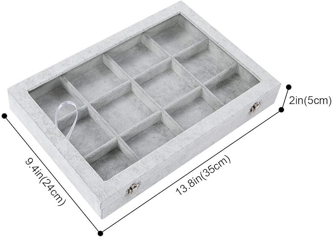 Jewelry Tray 12 Grid Velvet Jewelry Organizer with Clear Lid Transparent Earring Bracelet Organizer Holder Case with Clasp Drawer Insert for Rings Studs Gift for Women Girls (Grey)