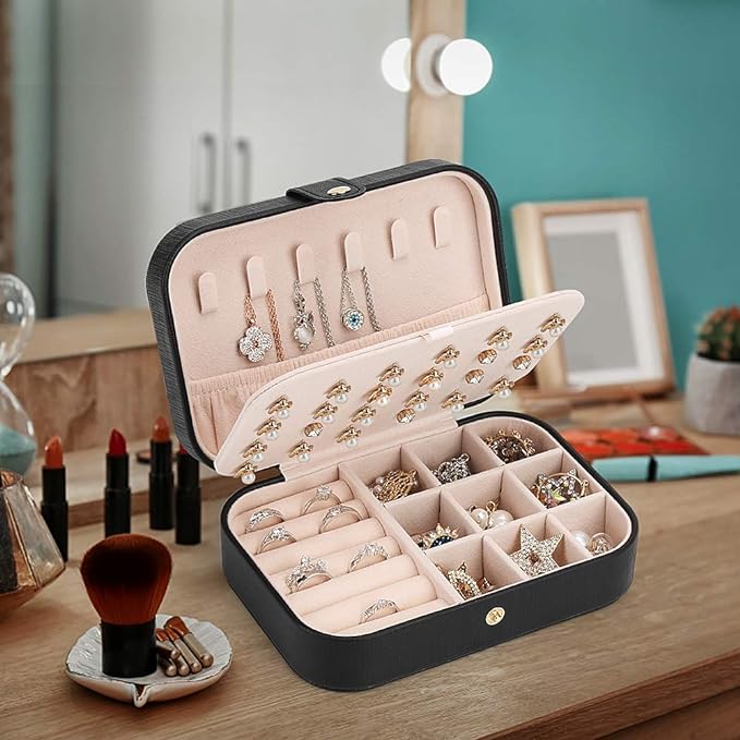 Small Jewelry Box Necklace Ring Storage Organizer Mini Jewelry case Double Layer Travel Jewelry Organizer for Women Girls Gift/Black