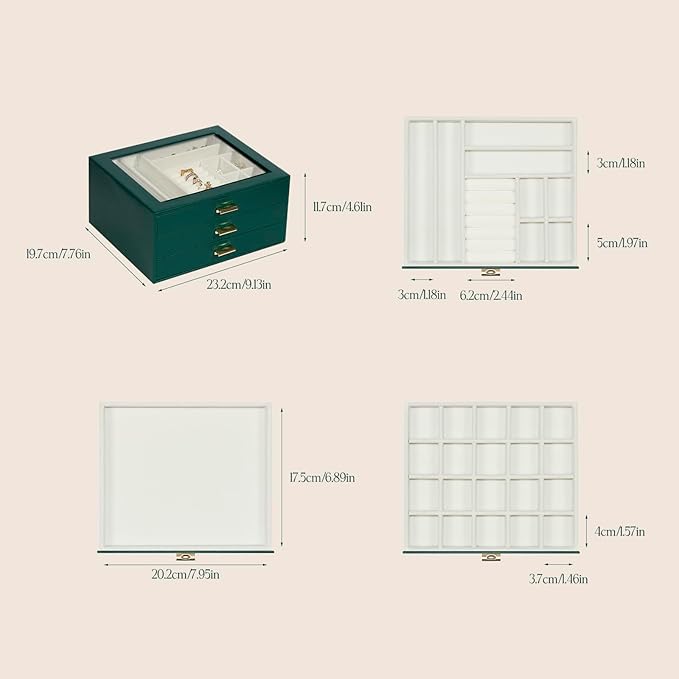 Jewelry Box Organizer with 3 Drawers,Glass Lid Jewelry Boxes for Women,Jewelry Storage for Rings,Necklaces,Earrings,Bracelets,Interesting Gift,Green