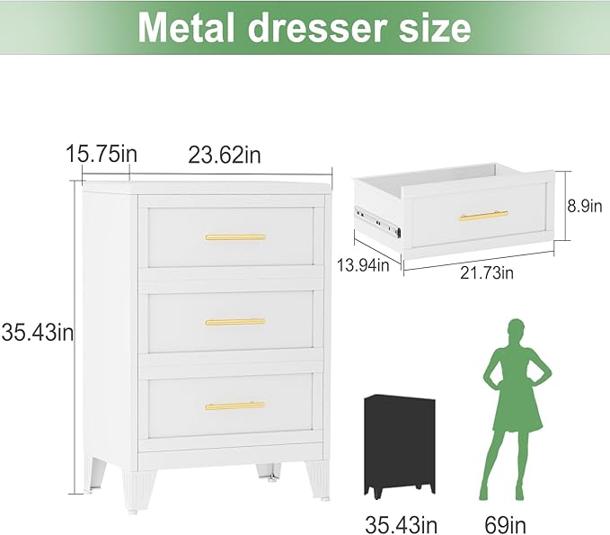Metal Dresser Narrow Dresser for Bedroom Chest, 35.43" H Drawer Chest, Closet Dressers & Chests of Drawers for Living Room, Hallway (3 Drawers White 24inch Wide)