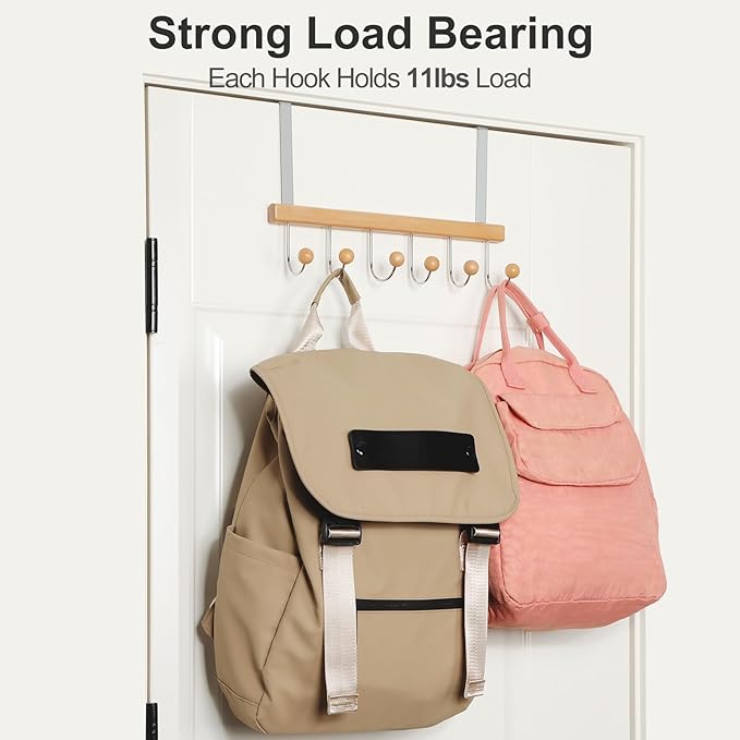 TOPIA HANGER Over The Door Hooks for Hanging, Towel Hooks Towel Racks for Bathroom, Coat Hooks Coat Rack Over The Door Organizer Hanging, Wooden Door Hangers for Coat Towel Hat Purse CT71N