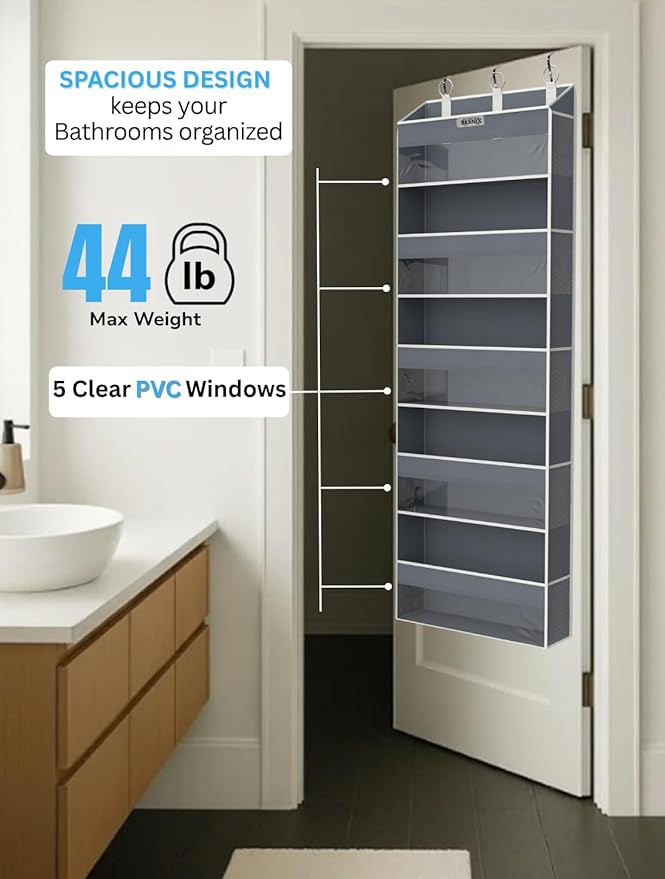 BRENIX Over the Door Organizer with 5 Large Pockets & 10 Mesh Side Pockets – Durable Hanging Storage for Closet, Bathroom, Bedroom, and Nursery– Space Saving Door Storage with Sturdy Metal Hooks.