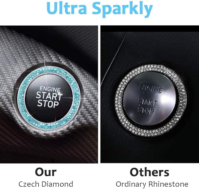 ToBeQueen Push to Start Button Ring Emblem Sticker 2Pcs Diamond Car Ring Stickers Rhinestone Car Accessories Interior for Women,Cute Car Decals Ignition Accessories Blue