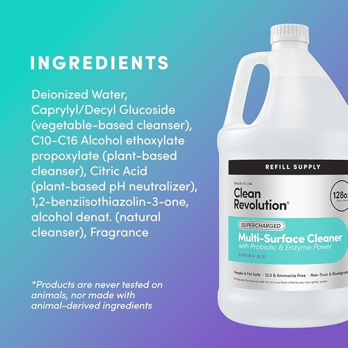 Clean Revolution SuperCharged All Purpose Cleaner Refill with Smart Probiotic + Enzyme Complex, Multi-Surface Kitchen Bathroom & Floor Cleaner, Spring Air, 128 Fl Oz