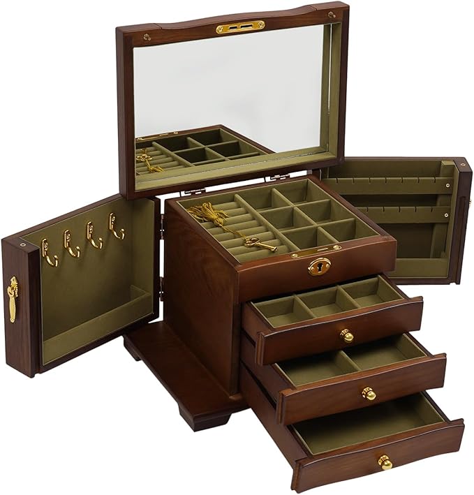 Jewelry Box Organizer with Lock and Mirror, 4-Layer Large Wooden Jewelry Storage Case for Rings Earrings Necklaces Bracelets, Christmas New Year Gifts,Soft Velvet Lining&Jewelry Hooks&Magnetic Door