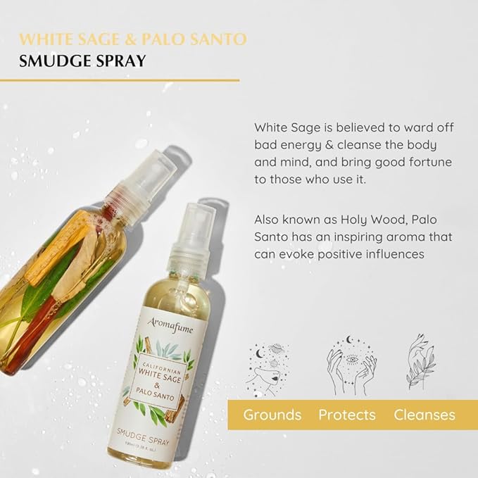 Aromafume White Sage & Palo Santo Smudge Spray 100ml/3.3 oz | Sage Spray for Cleansing Negative Energy & Protection | Non-Toxic | Room Spray for Spiritual Cleansing, Smokeless Sage Smudging