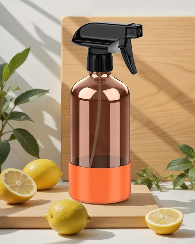 Bontip Amber Glass Spray Bottle with Silicone Sleeve Protection, 16 oz Refillable Spray Bottle for Cleaning Solutions, Plants, Aromatherapy, Facial Hydration (Orange Sleeve(Amber Bottle)