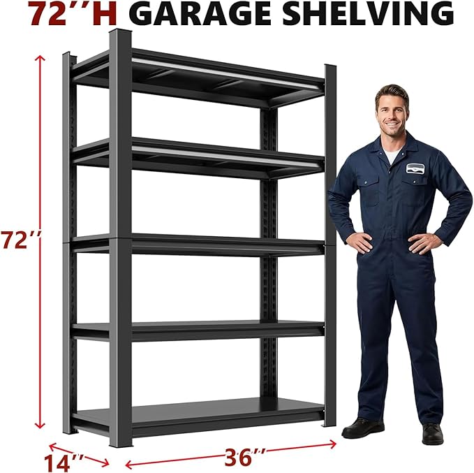 Metal Garage Shelving Unit,Heavy Duty 5-Tier Adjustable Storage Rack,Steel Shelving,3000 lbs Capacity,Industrial Shelves for Heavy Tools and Equipment,Ideal for Garage (71"H×36"W×14"D With Fences)