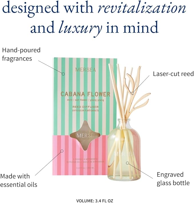 MERSEA Cabana Flower Bamboo Reed Diffuser, Scented Glass Oil Diffuser (3.4 fl oz)