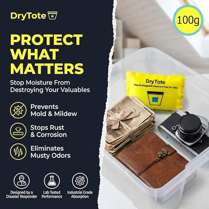 DryTote Rechargeable Desiccant Pack, Ultimate Moisture Absorption, Color Change Indicator, Safe Storage Protection, Large Capacity 200 Gallons, 100g, Yellow