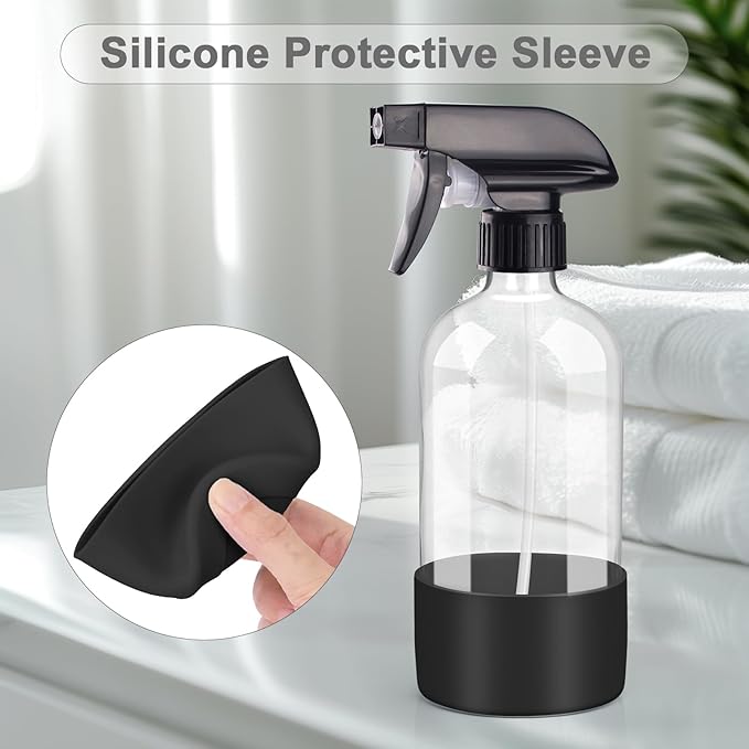 Worldgsb 2 Pack Glass Spray Bottles with Silicone Sleeve, 16 oz Empty Refillable Containers with Adjustable Spray Nozzles, Spray Bottles for Hair, Cleaning Solutions and Plants Black