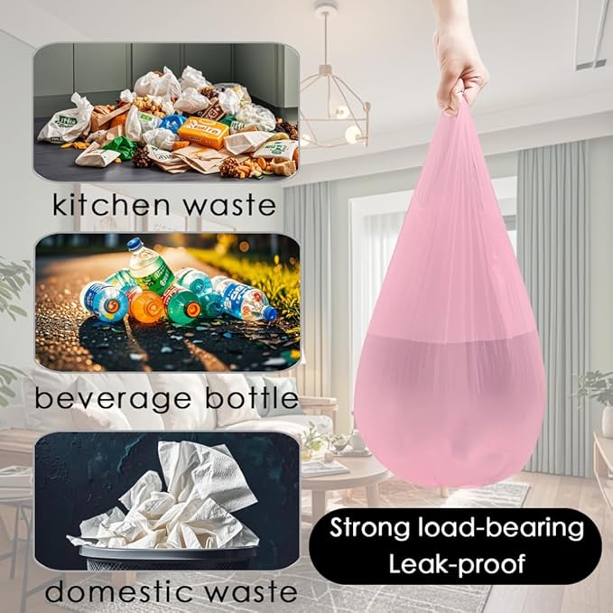 2-4 Gallon Portable Trash Bags, Thicken Vest type Small Garbage Bags for Office, Kitchen, Bedroom and more, 60 Counts Pink