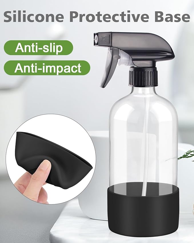 Rionisor Glass Spray Bottles with Silicone Sleeve Protection, Empty 16OZ Reusable Spray Bottles, Refillable Containers with Spray Nozzles for Cleaning Solutions, Plants and Essential Oils 1 Pack Black
