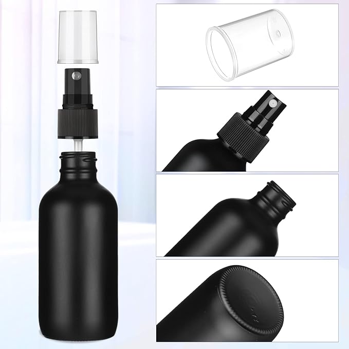 Nuogo 50 Pieces Mini Glass Spray Bottles Bulk 4 Oz Fine Mist Glass Bottles with Funnel Dropper and Cleaning Brush Refillable for Essential Oils, Perfumes and Aromatherapy(Black)