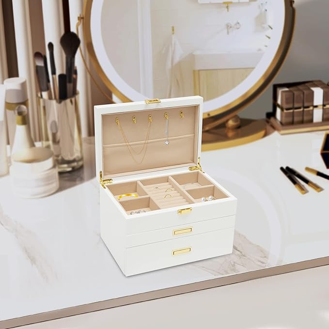 LOYALHEARTDY 3 Layers Large Wooden Jewelry Box Drawer, Large Jewelry Box Organizer for Women, 2 Drawers Storage Case for Ring Necklace Earring Bracelet Organizer Storage Display Box (White)