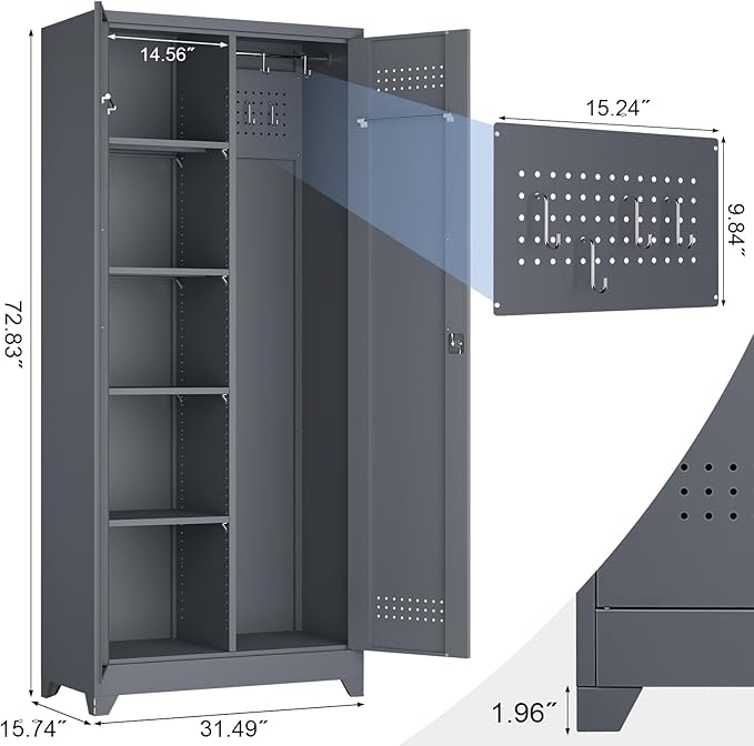 73" H Garage Storage Cabinet,Broom Closet Storage Cabinet with Adjust Shelves,Utility Cabinet,Utility Closet for Garage,Office,Gray