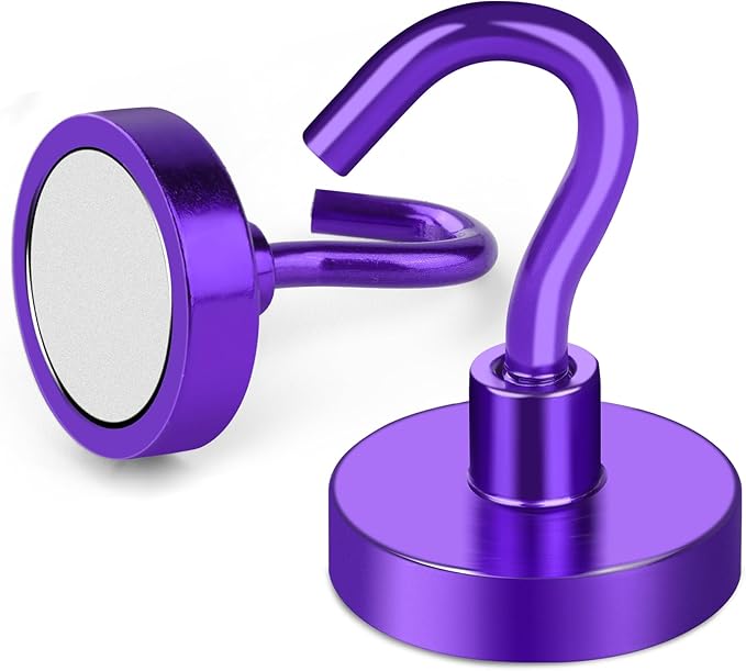 MIKEDE Magnetic Hooks, 50Lbs+ Heavy Duty Magnet Hooks for Cruise Cabins, Super Neodymium Hanging Hooks Strong Magnets with Hook for Fridge, Magnetic Hanger for Grill, Toolbox, Storage(Purple, 10 Pack)